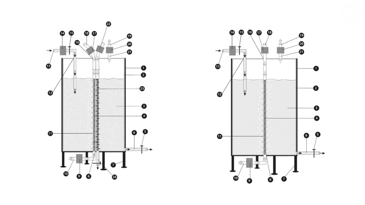 Radial aeration of bioreactors using solid sparging rods allows mixing function, removing need for external stirrers.