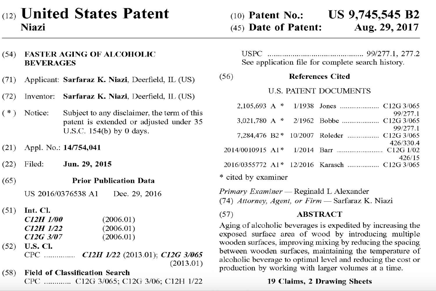 Making Alcoholic Beverages Unique and Affordable--New Patent Issued 29 August 2017.